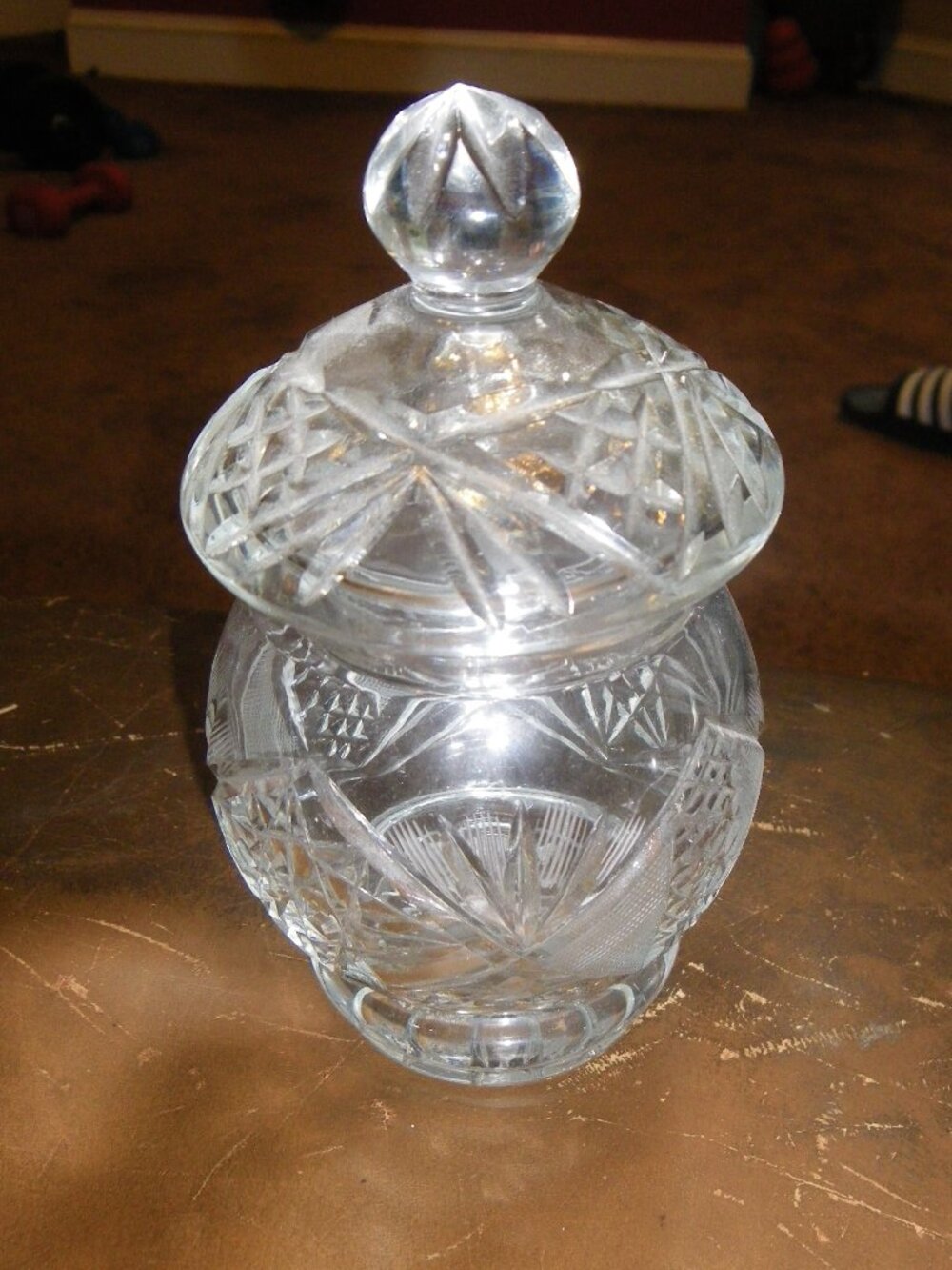 Vintage Small Thick Ornate Glass Jar w/ Lid Classic Home Decor